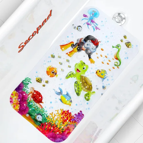 Alfombra de baño antideslizante para bañera y ducha, lavable a máquina, antideslizante, con dibujos animados, con agujeros de drenaje y ventosas