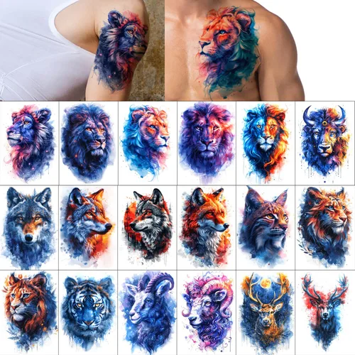 Glarryears - Tatuajes temporales para adultos, paquete de 18 tatuajes falsos grandes, diseños de animales de larga duración: lobo, león, tigre, 3D