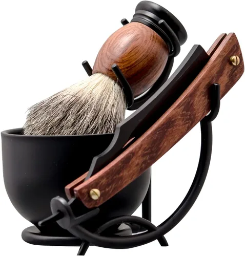 Miniatura 5 de Kit de afeitado con navaja recta Grandslam, navaja recta de acero con afeitador de cuero, brocha de afeitar, cuenco y soporte de afeitado de acero