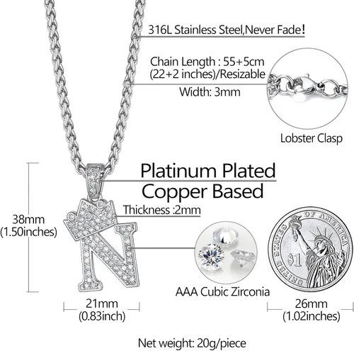 Miniatura 5 de Richsteel A-Z - Collar con inicial de corona para hombres y mujeres, chapado en oro de 18 quilates, circonita cúbica brillante, colgante