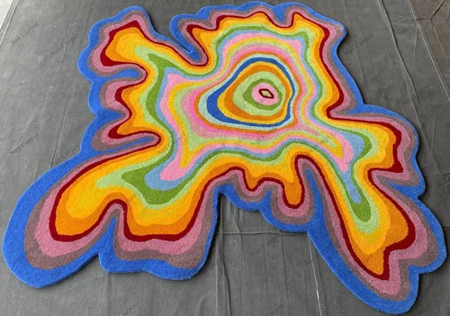 Miniatura 10 de Alfombra de forma irregular con patrón de ilusión copetuda a mano, 100% lana, hecha a mano (color multicolor, 4 x 4 pies)