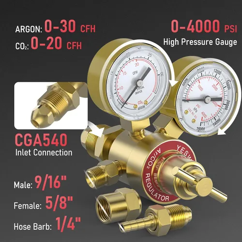 Miniatura 2 de YESWELDER Regulador de CO2 de argón con manguera de 8.2 pies 0-4000 PSI Medidores Regulador de soldadura de gas para MIG y TIG, conexión de entrada