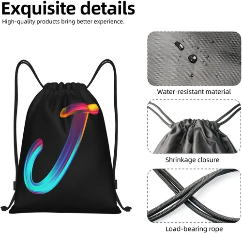 Miniatura 5 de Bolsas con cordón inicial con cordón para deportes, gimnasio, viajes, natación, playa, campamento, arco iris, letra J