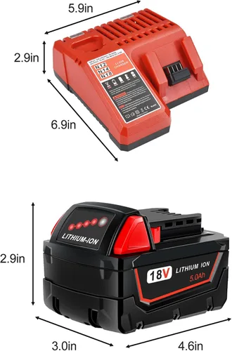 Miniatura 9 de Worthmah Paquete de 2 baterías de 5.0Ah 18V y cargador de repuesto para batería Milwaukee M18 48-11-1850, compatible con cargador de batería m18