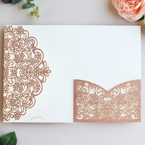 Miniatura 11 de Hosmsua 50 bolsillos de invitación de boda con purpurina morada, 5.12 x 7.2 pulgadas, corte láser, bolsillos de invitación de quinceañera de encaje