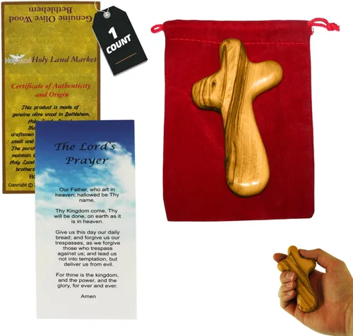 Holy Land Market Cruz de comodidad/sujeción también conocida como cruz de palma o mano con bolsa de terciopelo y dos certificados (4 pulgadas) (1)