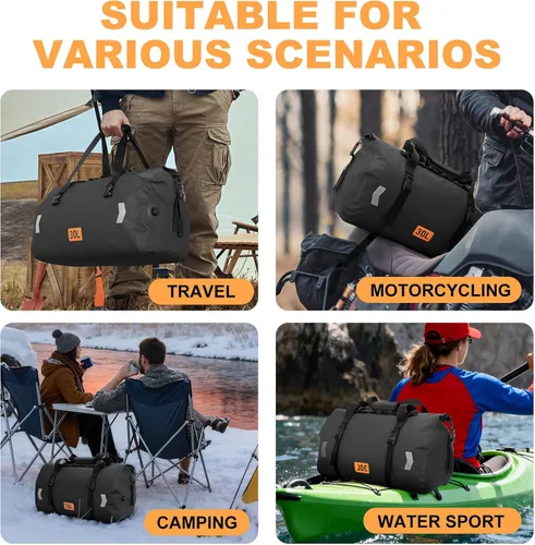 Miniatura 6 de OCKLILY Bolsa impermeable de 30 L con tapa enrollable para cola de motocicleta con válvula de aire y correas de fijación rápida, bolsas de viaje