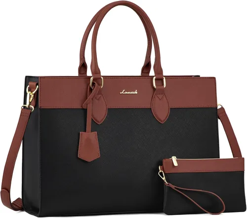 Miniatura 15 de LOVEVOOK Bolsa para laptop para mujer, bolsa de trabajo para laptop de 15.6 pulgadas, maletín grande de cuero impermeable para oficina, beige y negro