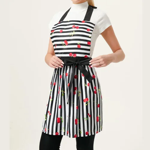 Miniatura 6 de Encantador y cómodo Claccic Negro Rayas y Moda Cereza Falda Delantal Mujer Cocina Mujer Delantal para damas Niñas Esposa Hija (negro), Negro
