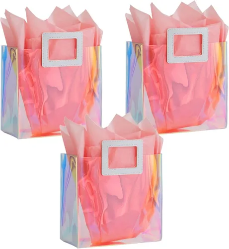 Bolsa de regalo holográfica con papel de seda, reutilizable, bolsa de regalo de cumpleaños para mujeres y niñas, iridiscente, despedida de soltera,
