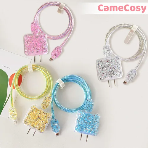 Miniatura 7 de CameCosy Protector de cable de lujo compatible con cargador de iPhone, diseño de borde ondulado con purpurina, funda USB de línea de datos, Azul