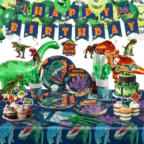 Kit de Suministros de Fiesta de Cumpleaños de Dinosaurio para Niños, Decoraciones de Fiesta de Dinosaurio - Para 20 Invitados - Incluye Platos de