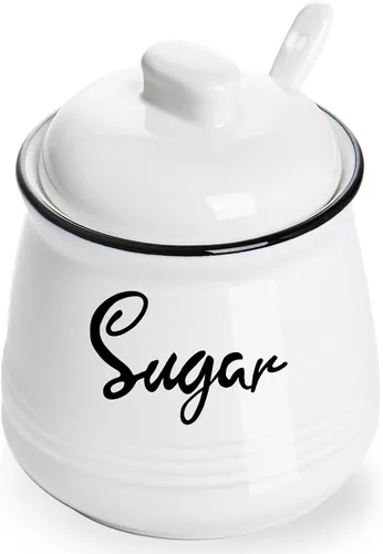 Azucarero de porcelana de granja con tapa y cuchara, 12 onzas, fácil de limpiar (blanco)
