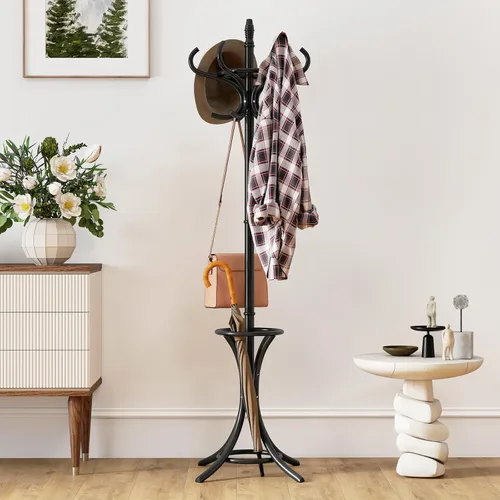 Miniatura 3 de Giantex Perchero de madera maciza, árbol de pasillo independiente con 12 ganchos, soporte para paraguas, soporte de entrada para abrigos, sombreros