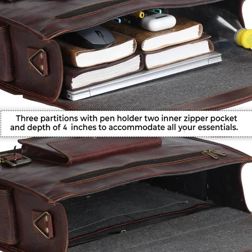 Miniatura 5 de Bolso de mensajero de cuero de grano completo para hombres Bolsa de cuero para computadora portátil para hombres, maletín de cuero genuino bolsa