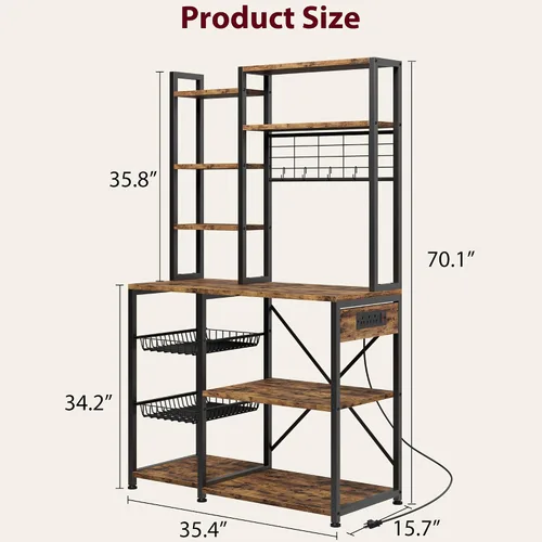 Miniatura 2 de IDEALHOUSE Estante para panaderos con toma de corriente, soporte para microondas con 2 cajones de alambre, estación de barra de café industrial