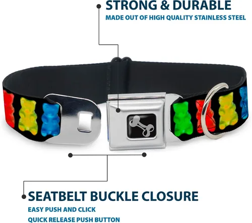 Miniatura 4 de Buckle-Down Collar de perro con hebilla de cinturón de seguridad, osos gomitas, negro/multicolor, 1.5 pulgadas de ancho, se adapta a cuello de 13-18