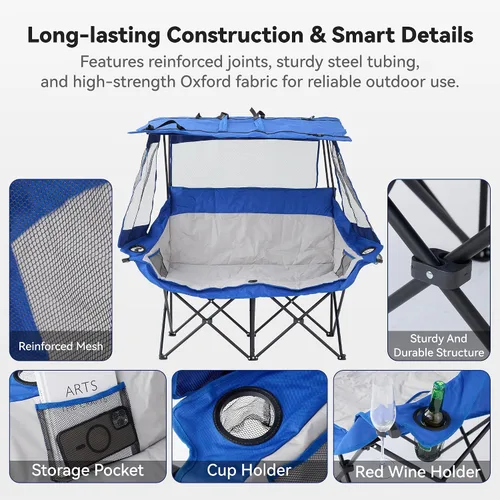 Miniatura 5 de Sillas de campamento dobles con toldo plegable, silla de playa resistente, de gran tamaño, silla de dos plazas acolchada para exteriores, para 2