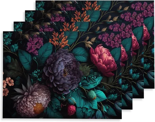 Juego de 4 manteles individuales florales de peonía, color negro oscuro, rosa, morado, rojo, de 12 x 18 pulgadas, lavables, gruesos, manteles