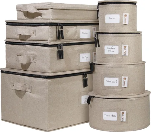 Miniatura 17 de Juego de 8 cajas de almacenamiento de China para vajilla, vasos, platos, tazas y platillos, organizador de platos resistente con divisores para Beige
