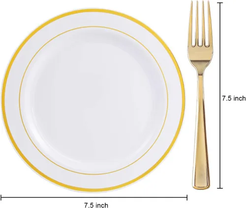 Miniatura 4 de I00000 El juego de 144 platos pequeños de postre de plástico incluye 72 platos dorados de postre de 7.5 pulgadas con 72 tenedores de 7.5 pulgadas