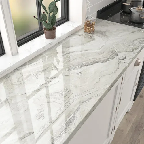 Papel de contacto de mármol beige y plateado brillante para encimeras, papel tapiz de despegar y pegar para gabinetes, película de vinilo para baño,