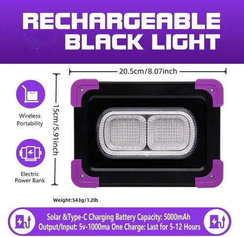 Luces LED negras recargables de 50 W, funciona con pilas y paneles solares, luz negra, brilla en la oscuridad para interiores y exteriores, luz de