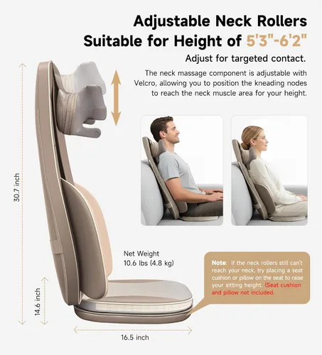 Miniatura 5 de Flekzo Shiatsu - Cojín de asiento para silla de masaje de espalda y cuello con calor, amasado 4D, intensidad ajustable, altura ajustable del cuello