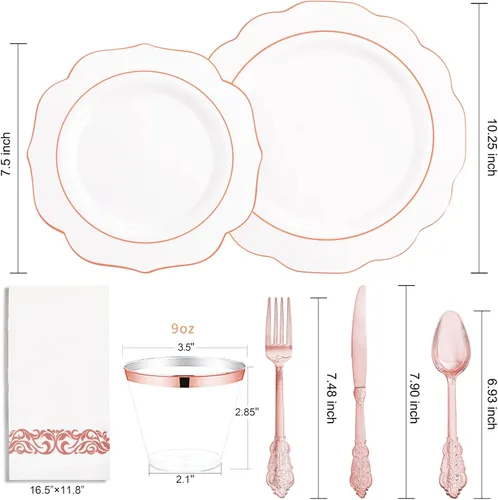 Miniatura 3 de NOCCUR 175 platos de plástico color oro rosa con cubiertos desechables, incluye 25 platos de cena, 25 platos de postre, 25 tenedores, 25 cuchillos