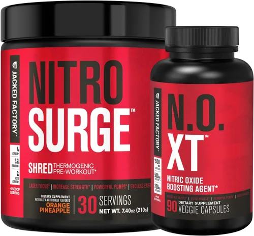 Jacked Factory Nitrosurge Shred Termogénico Pre-Entrenamiento en Piña Naranja y Potenciador de óxido nítrico N.O. XT para hombres y mujeres