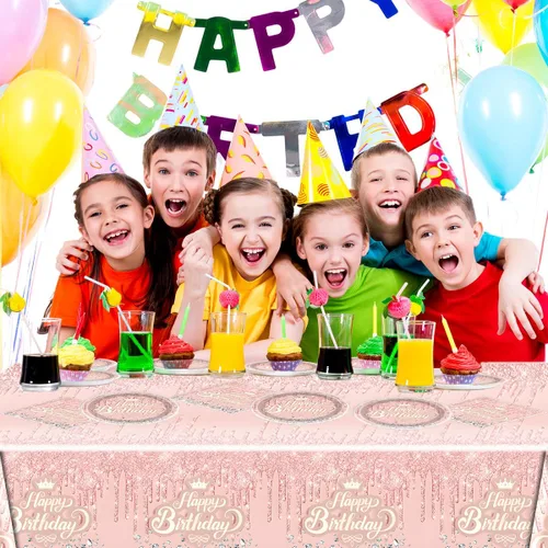 Miniatura 7 de Juego de vajilla de fiesta rosado oro rosa, tema de feliz cumpleaños rosado, 20 platos y 20 servilletas y manteles de 71'' x 42'' para niñas
