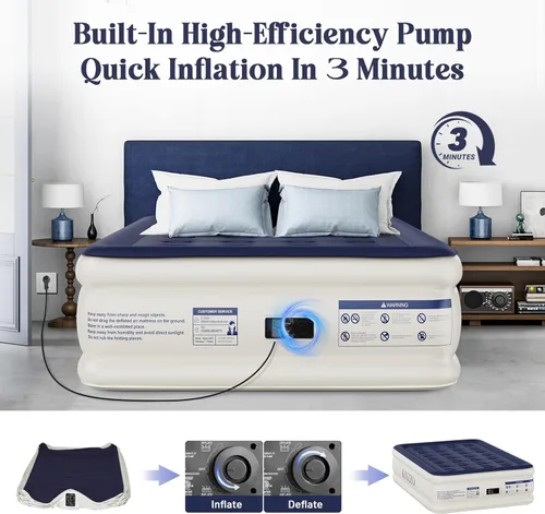 Miniatura 4 de Colchón de aire KNZZO tamaño full con bomba incorporada, colchón hinchable con parte superior suave y vellosa, colchón inflable a prueba de fugas