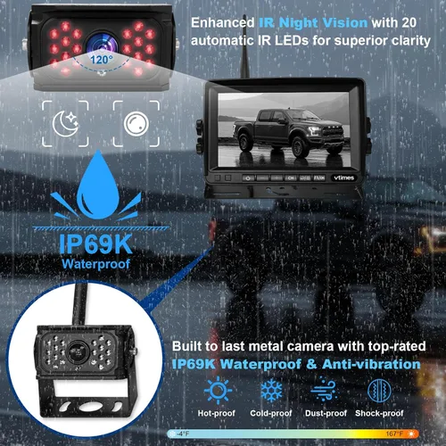 Miniatura 4 de VTimes Cámara de respaldo inalámbrica para camiones, cámara de respaldo RV con monitor HD de 7 pulgadas, pantalla dividida de 4 canales, alerta BSD