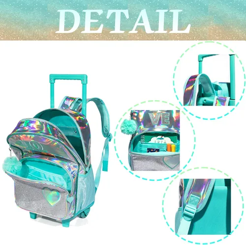 Miniatura 17 de Mochila con ruedas para niñas, mochila escolar con ruedas, bolsa escolar con bolsa de almuerzo y bolsa para lápices, mochila con ruedas para niños