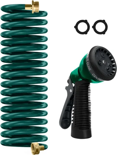 Miniatura 12 de Manguera de jardín de bobina de EVA de 25 pies con conector de latón de 3/4 pulgadas, manguera de agua en espiral, ligera y sin torceduras, incluye
