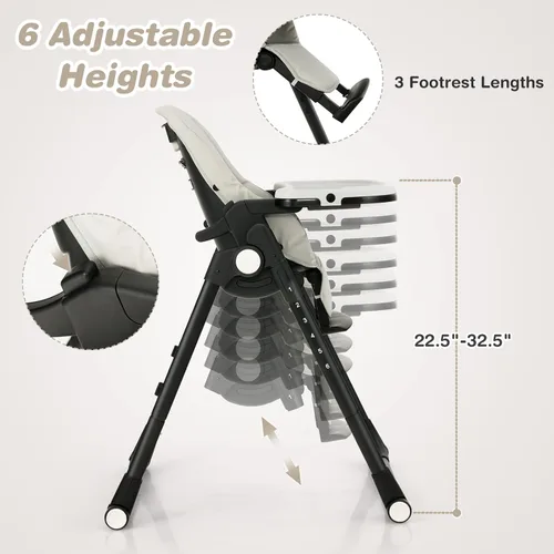 Miniatura 5 de BABY JOY Silla alta para bebés y niños pequeños, silla alta plegable con respaldo/reposapiés/altura del asiento, bandejas dobles extraíbles, cojín