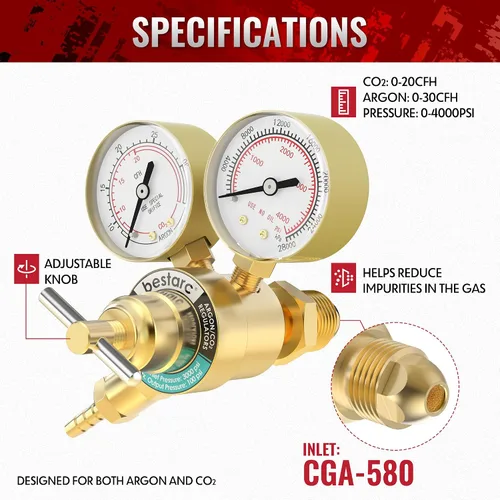 Miniatura 2 de bestarc Medidores de regulador de CO2 de argón Soldadura de gas con manguera de gas de 9.8 pies, conexión de entrada CGA580, presión de entrada