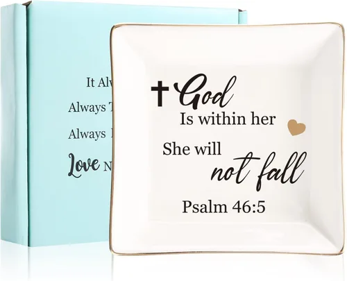 Regalos religiosos para mujeres, plato para anillos de cerámica cristiana, Dios está dentro de ella, ella no caerá, regalos cristianos para mamá,