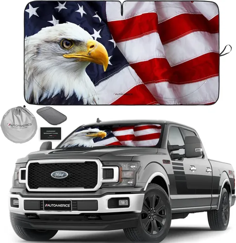 Autoamerics Parasol para parabrisas de 1 pieza, bandera del águila americana, diseño patriótico de 3 Estados Unidos, parasol plegable para ventana