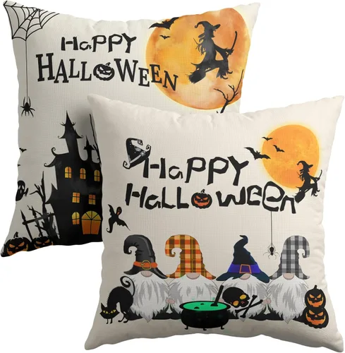 Miniatura 9 de Happy Halloween - Juego de 2 fundas de almohada decorativas de lino y algodón negro con diseño de murciélago blanco de 16 x 16 pulgadas, fundas
