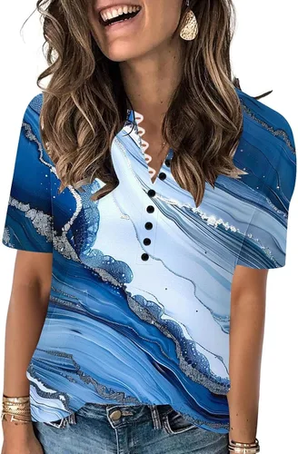 Miniatura 149 de Summer Shirts for Women 2025 Plus Size Short Sleeve Henley Tops Marble Floral Loose Tshirt Tee Casual Dressy Tunics