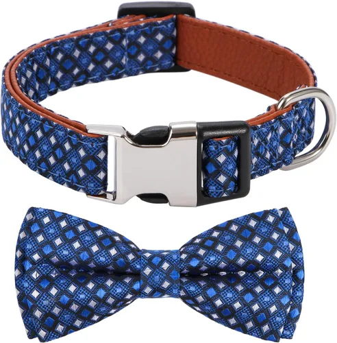 Miniatura 7 de Collar de Perro con Pajarita Patrón a Cuadros Azul Cielo con Pajarita para Perros Niño Niña Mediano C1_Checkered_Azul cielo