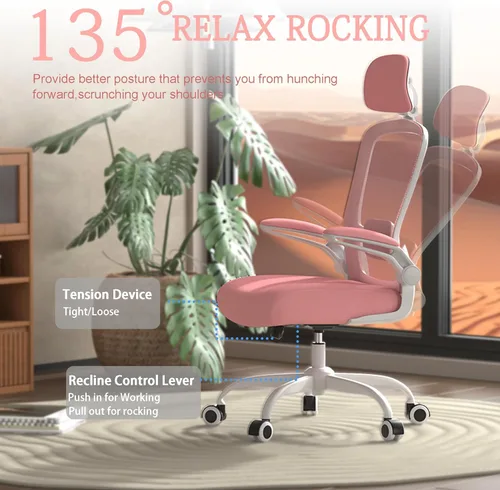 Miniatura 6 de Mimoglad Silla de oficina, silla de escritorio ergonómica de respaldo alto con soporte lumbar ajustable y reposacabezas, silla giratoria con Rosa
