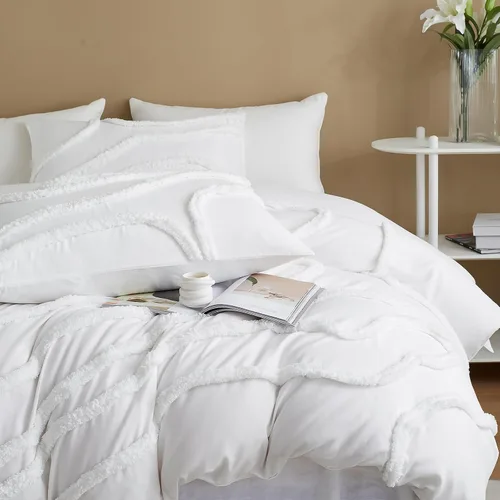 Miniatura 3 de Cupocupa Juego de Edredón Queen Beige con Mechones, Juegos de Edredones Ropa de Cama para Cama Queen 3 Piezas Edredón Boho Suave Esponjoso Ligero