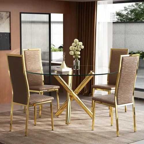Miniatura 37 de Moderno juego de mesa redonda de cristal para 2, juego de mesa de cocina de círculo pequeño de 36 pulgadas con 2 sillas de comedor de piel sintética