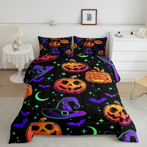 Miniatura 21 de Erosebridal Juego de ropa de cama de murciélago de Halloween, tamaño individual, juego de edredón de estrellas con purpurina y galaxia para niños