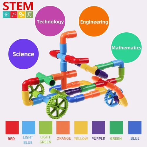 Miniatura 3 de burgkidz STEM - Bloques de construcción de tubo de aprendizaje para tubo, juguetes sensoriales con ruedas, placa base para todas las edades, niños