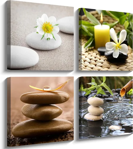 Miniatura 2 de NAN Wind Lienzo Zen para pared, spa, bodegón, con fuente de bambú verde y piedra zen, pintura de flores de jazmín, cuadros para decoración