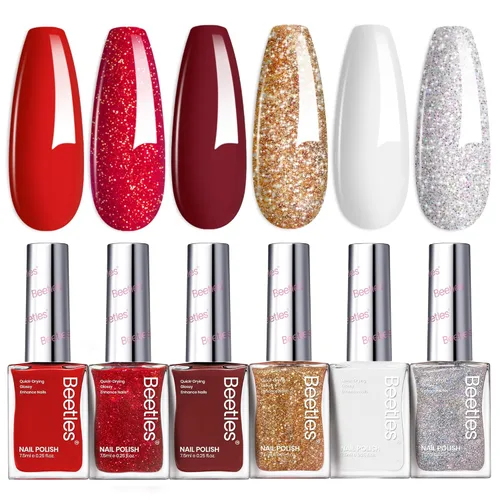 Beetles - Esmalte de uñas rojo: juego de 6 esmaltes de uñas con brillantina, color rojo burdeos brillante, de secado rápido y de larga duración,