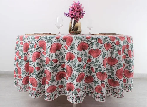 Miniatura 40 de Ridhi Mantel redondo de algodón reutilizable con estampado de bloque a mano, color verde espárragos, 60 pulgadas, mantel decorativo para uso diario